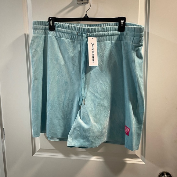 Juicy Couture Pants - Juicy Couture Aqua Velour Shorts with Pink Logo Patch